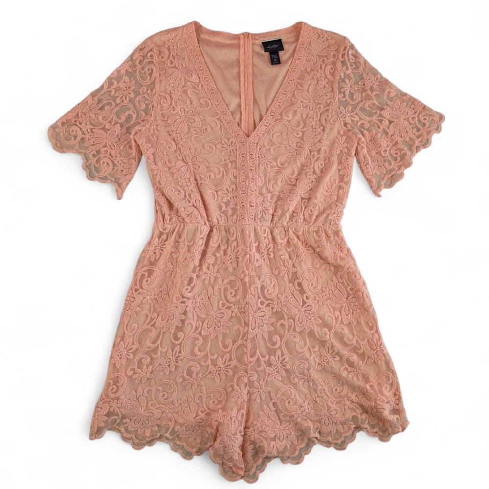 Romantic Feminine Lace V Neck Pink Romper Scalloped Hem Size M Boho Festival